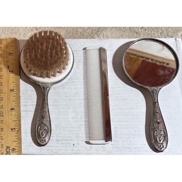 Vintage Silver Plated Teddy Bear Vanity Set With Mirror Brush & Comb - Picture 6 of 6